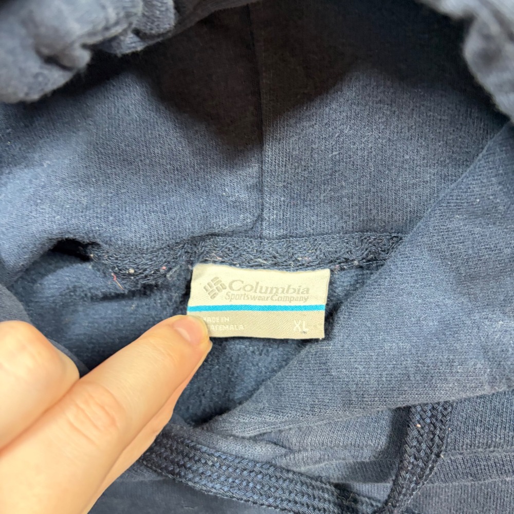Columbia Hoodie Mens XL Blue Logo Sleeve Pullover Sweatshirt Pocket Distressed - Picture 3 of 11